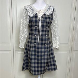 Plaid Print Lace Contrast Dress Long Sleeve White/Blue/Tan